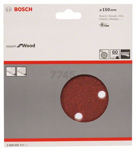 Шлифлист круглый самосцепляющийся 150 мм Р60 BOSCH 5 штук (2608605717) - Фото 2