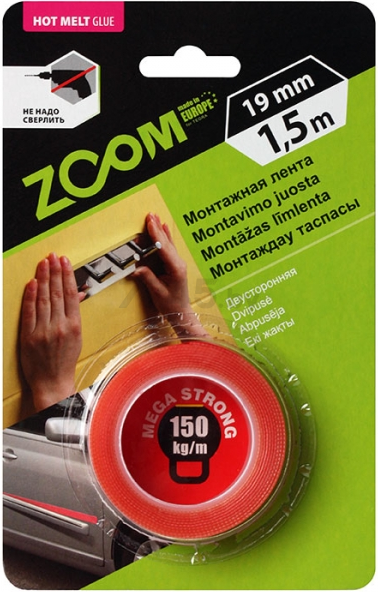 Лента двухсторонняя клейкая 19 мм 1,5 м ZOOM Mega Strong (02-5-3-203)