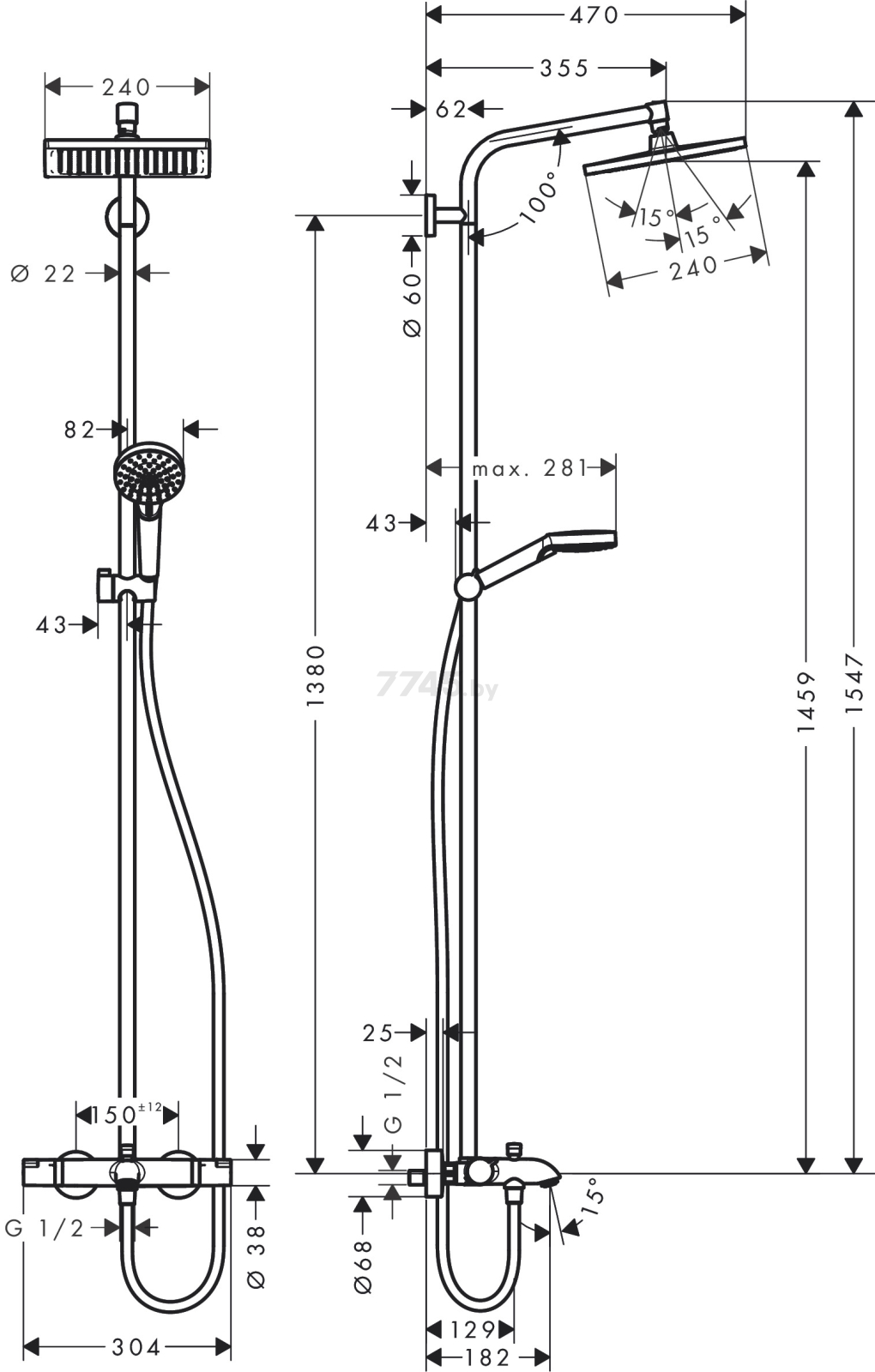 Душевая стойка HANSGROHE Crometta E 240 1jet Showerpipe (27298000) - Фото 2
