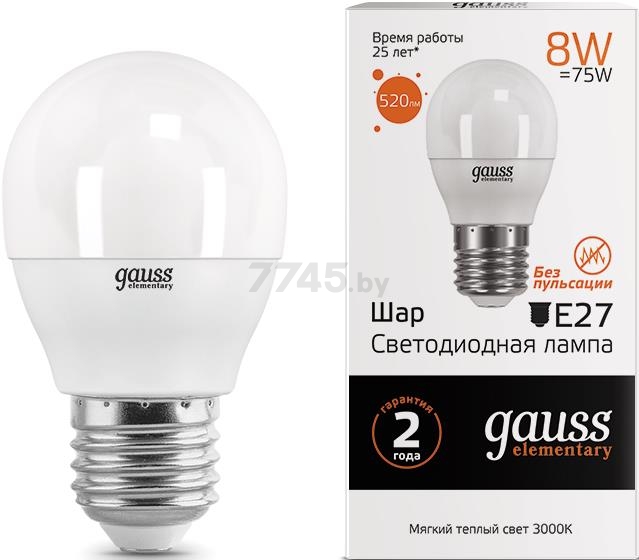 Лампа светодиодная E27 GAUSS Elementary G45 8 Вт 3000K (53218)
