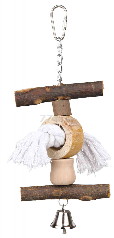 Игрушка для птиц TRIXIE Подвеска из дерева с кисточками и колокольчиком 20 см (58961)