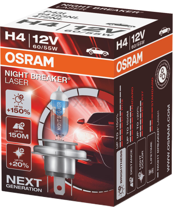 Лампа галогенная автомобильная OSRAM Night Breaker Laser H4 (64193NL) - Фото 2