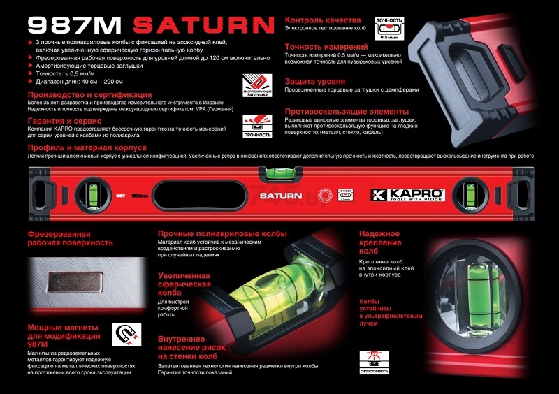 Уровень магнитный 1500 мм KAPRO SATURN 987XL (987XL-41-150M) - Фото 6