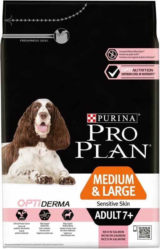 Сухой корм для пожилых собак PURINA PRO PLAN Optiderma Medium&Large 7+ Sensetive Skin лосось c рисом 3 кг (7613035125032)