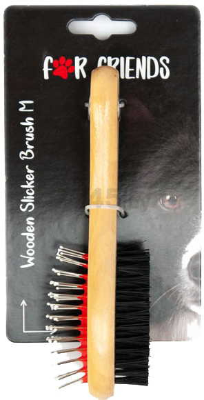 Щетка для животных FOR FRIENDS Двусторонняя с деревянной ручкой M 6×21,5 см (98302 M)