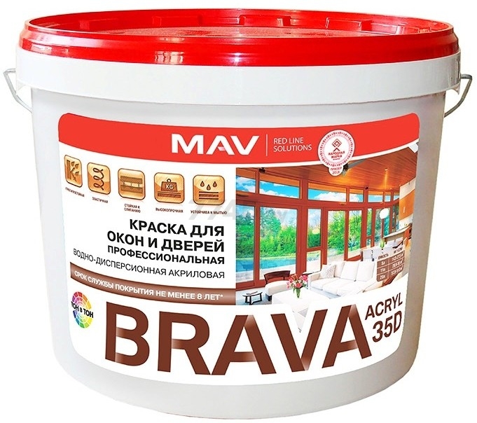 Краска ВД BRAVA Acryl 35D для окон и дверей профессиональная белая полуматовая 1 л