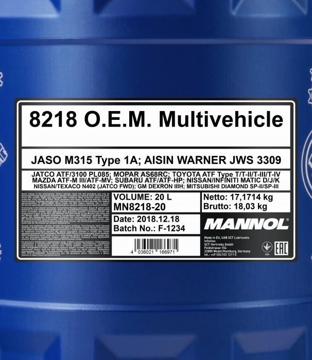 Масло трансмиссионное MANNOL 8218 OEM Multivehicle JWS 20 л (54491) - Фото 2