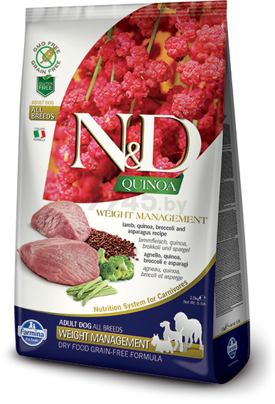 Сухой корм для собак беззерновой FARMINA N&D Quinoa Weight Management ягненок с брокколи 7 кг (8010276035646)