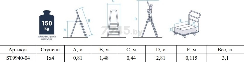 Лестница-стремянка алюминиевая односторонняя 81 см STARTUL (ST9940-04) - Фото 2