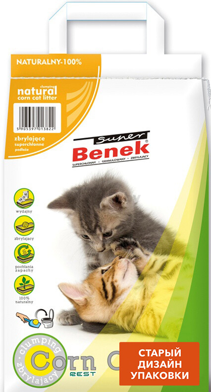 Наполнитель для туалета растительный комкующийся SUPER BENEK Corn Cat кукурузный 7 л, 4,4 кг (5905397013822) - Фото 3