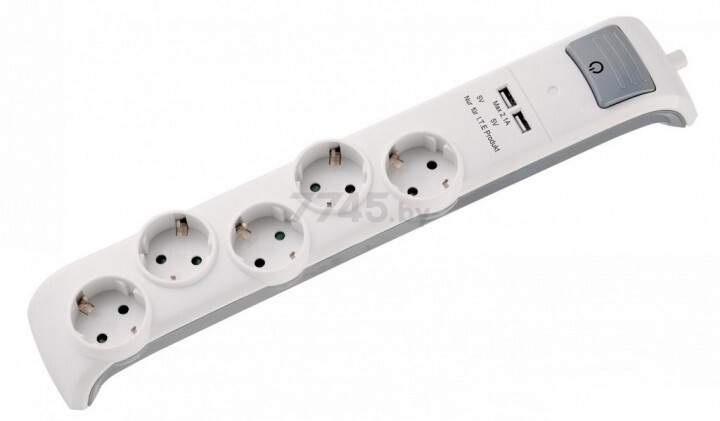 Удлинитель 2 м 5 розеток 2 USB с выключателем и заземлением ELECTRALINE белый (62506)