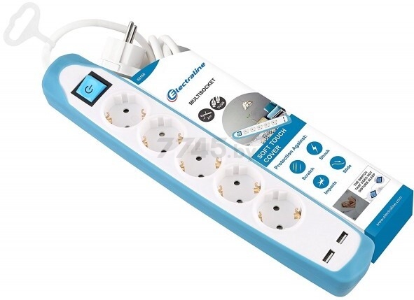 Удлинитель 2 м 5 розеток 2 USB с выключателем и заземлением ELECTRALINE белый/голубой (62160) - Фото 2
