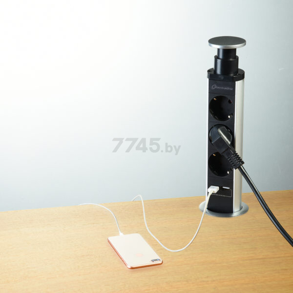 Блок розеточный выдвижной 3 поста 2 USB с заземлением ELECTRALINE черный/серебристый (62557) - Фото 2