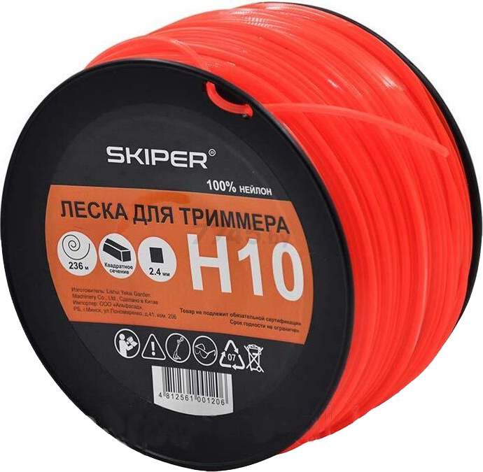 Леска для триммера d 2,4 мм х 236 м сечение квадрат SKIPER H10 оранжевая