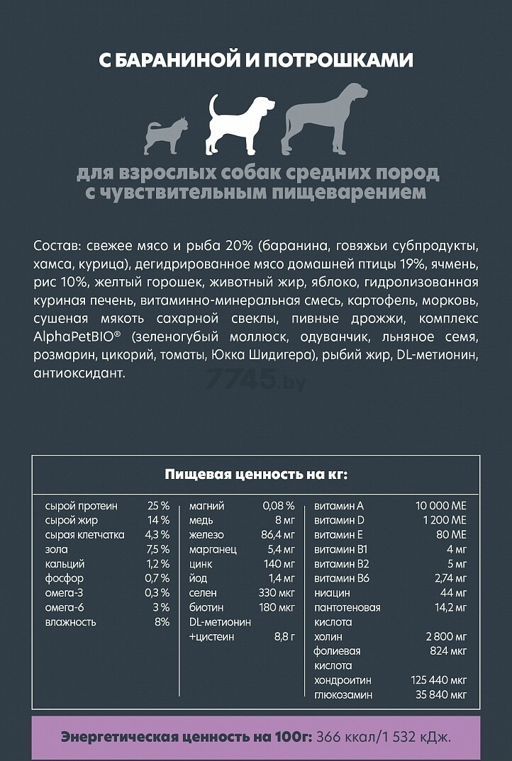 Сухой корм для собак ALPHAPET Sensitive Medium баранина и потрошки 2 кг (4670064651430) - Фото 6
