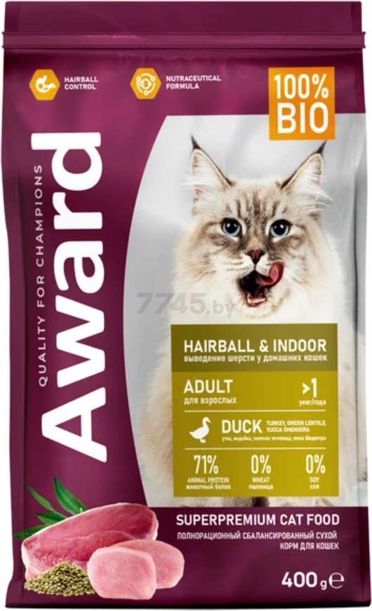 Сухой корм для кошек AWARD Hairball & Indoor индейка и утка с чечевицей 0,4 кг (7173662)