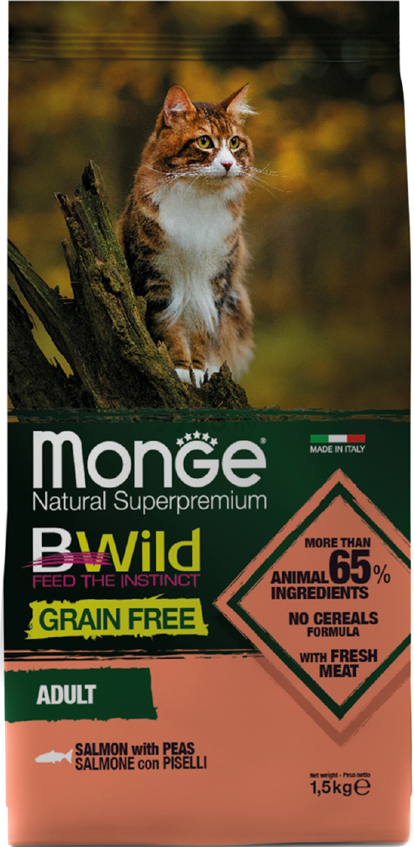 Сухой корм для кошек беззерновой MONGE BWild Grain Free лосось 1,5 кг (70012072)