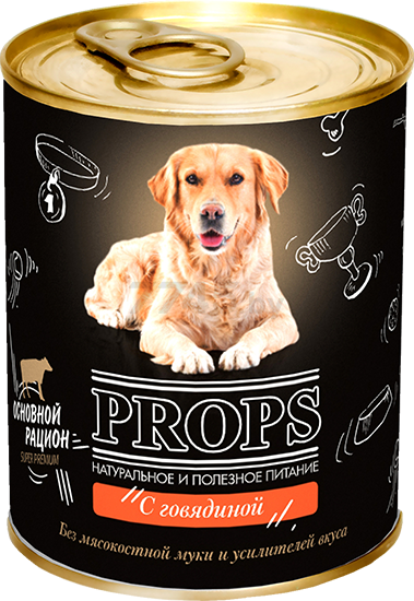 Влажный корм для собак PROPS говядина консерва 338 г (0804)