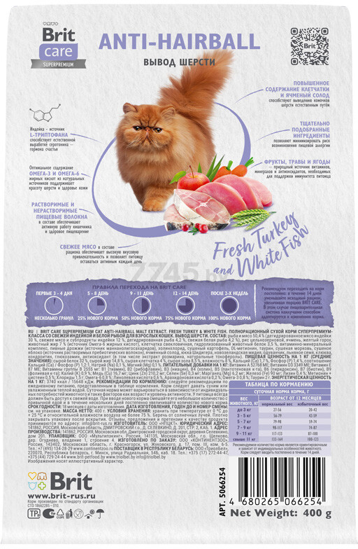 Сухой корм для кошек BRIT Care Anti-Hairball белая рыба индейка 0,4 кг (5066254) - Фото 4