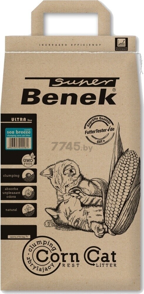 Наполнитель для туалета растительный комкующийся SUPER BENEK Corn cat морской бриз кукурузный 14 л 9,6 кг (3522)