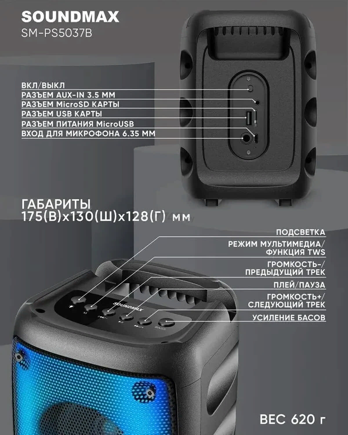 Колонка портативная беспроводная SOUNDMAX SM-PS5037B - Фото 4