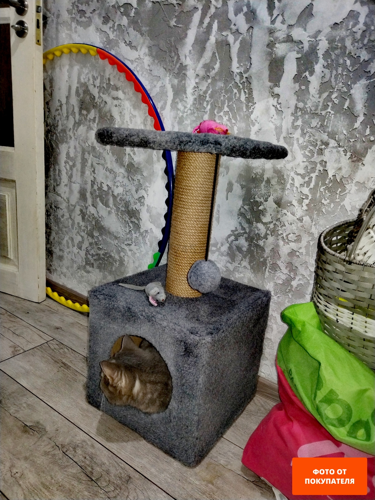 Игровой комплекс для кошек CAT-HOUSE Домик с полкой джут 31×31×65 см серый (4810801201331) - Фото 2
