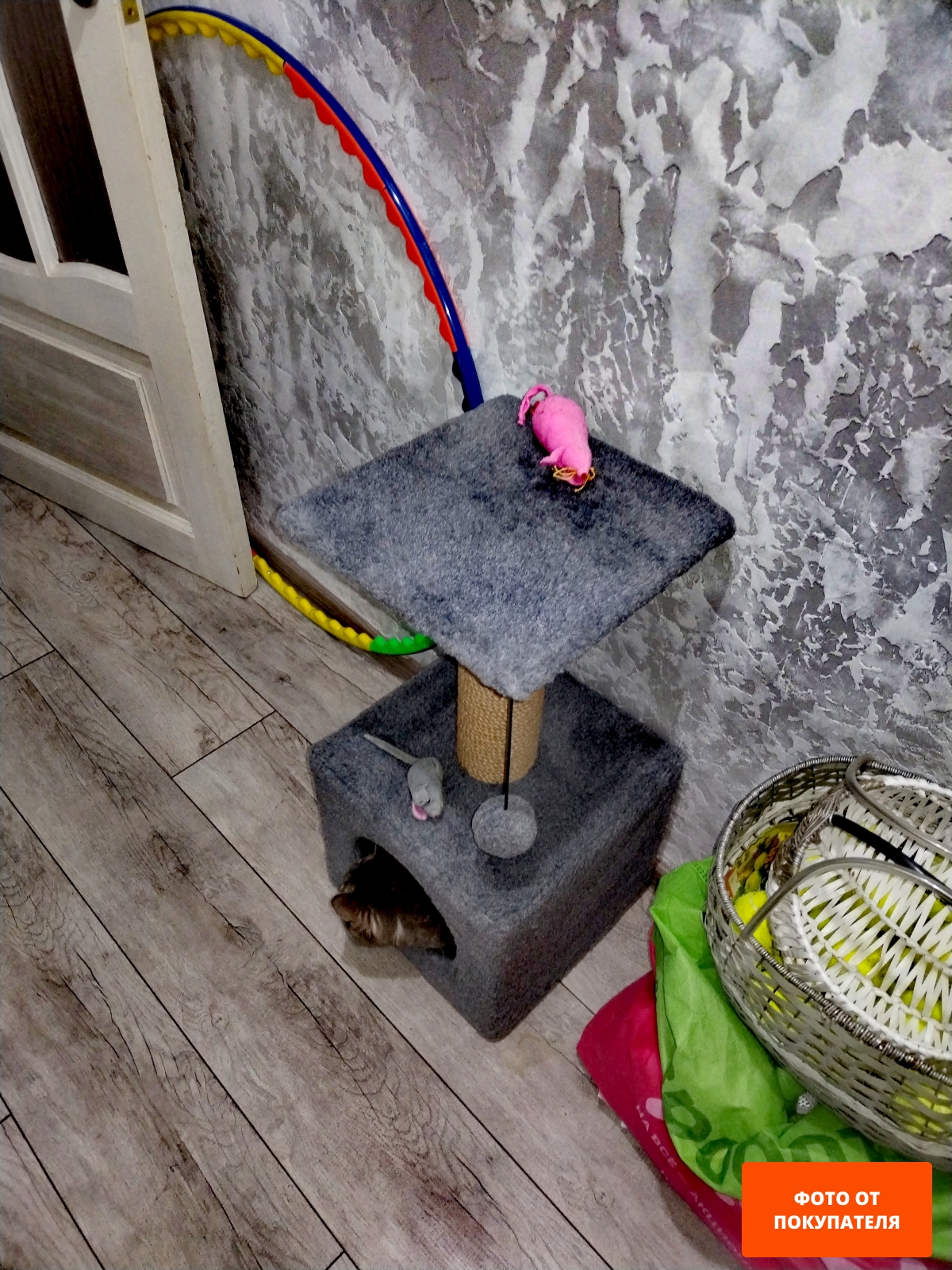 Игровой комплекс для кошек CAT-HOUSE Домик с полкой джут 31×31×65 см серый (4810801201331)