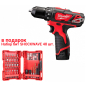 Дрель-шуруповерт аккумуляторная MILWAUKEE M12 BDD-202С и набор бит MILWAUKEE Shockwave 40 штук (4933441915/a)