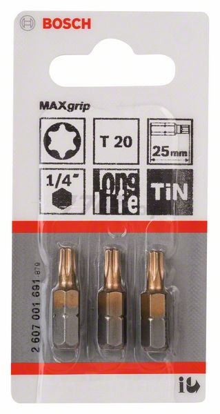 Бита для шуруповерта Torx Т20 25 мм BOSCH Max Grip 3 штуки (2607001691)