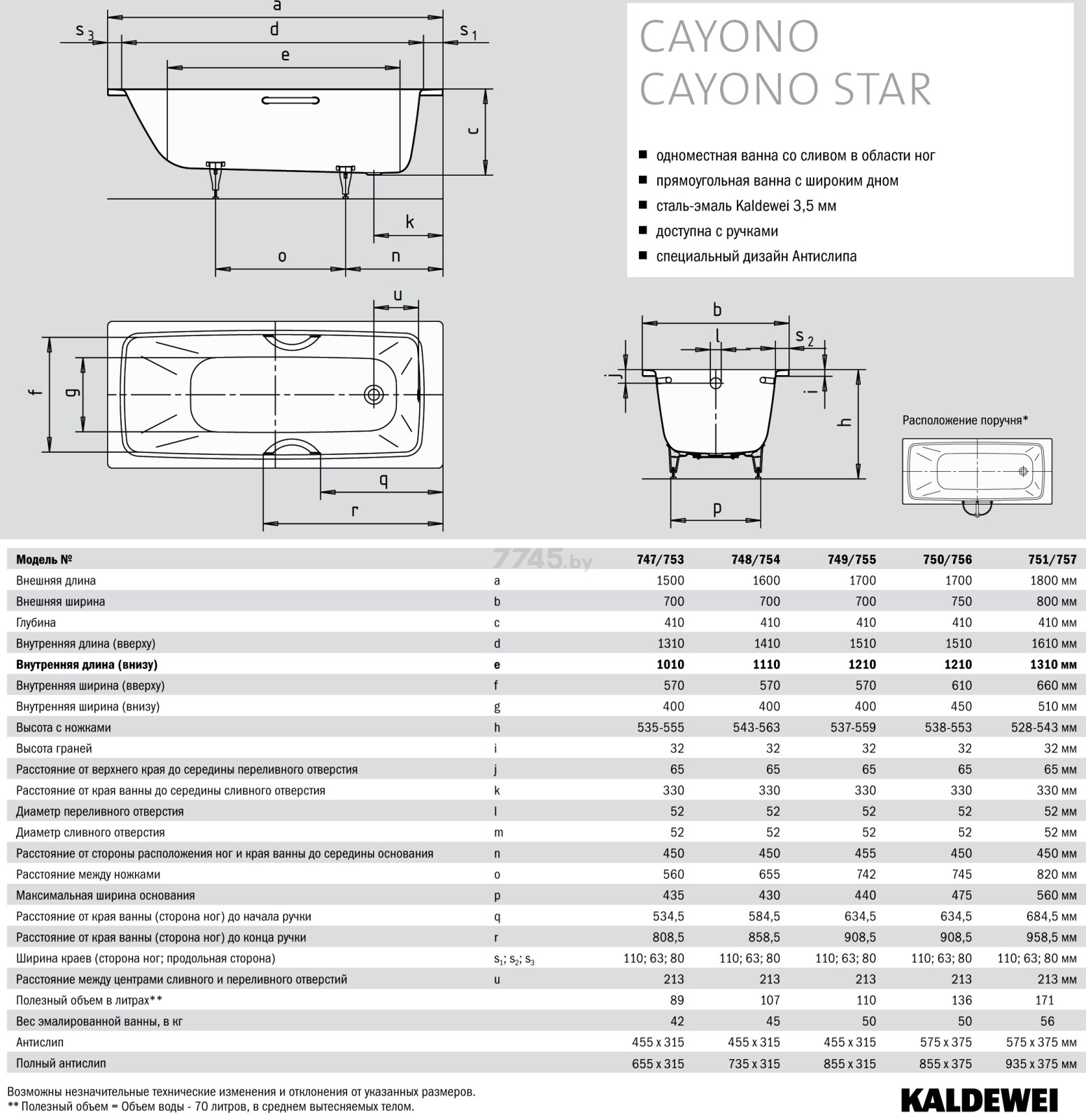 Ванна стальная KALDEWEI Cayono Star 755 170х70 с отверстиями для ручек (275500010001) - Фото 4