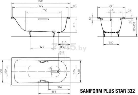 Ванна стальная KALDEWEI Saniform Plus Star 332 160х70 с отверстиями для ручек (1332 0001 0001) - Фото 3