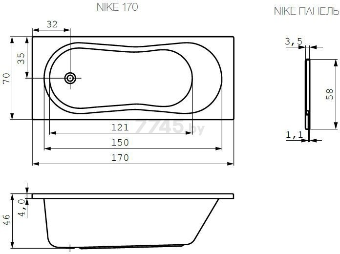 Ванна акриловая CERSANIT Nike 170х70 (WP-NIKE*170) - Фото 3