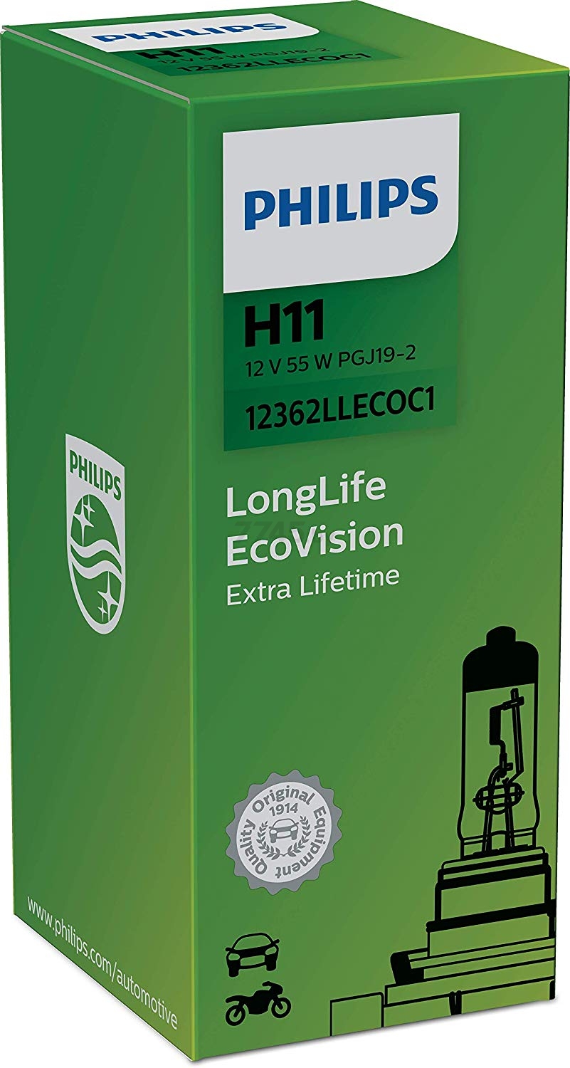 Лампа галогенная автомобильная PHILIPS LongLife EcoVision H11 (12362LLECOC1) - Фото 2
