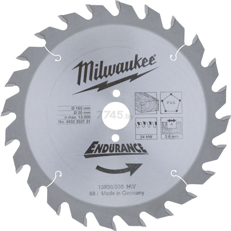 Диск пильный 165х20 мм 24 зуба MILWAUKEE (4932352131)