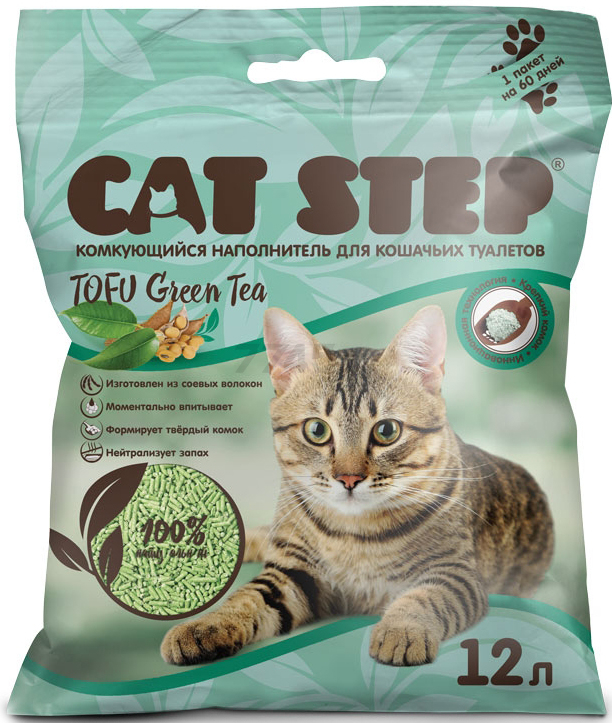 Наполнитель для туалета растительный комкующийся CAT STEP Tofu Green Tea соевый 12 л, 5,4 кг (20333004) - Фото 3