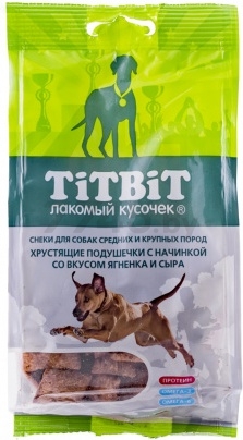 Лакомство для собак средних и крупных пород TITBIT Хрустящие подушечки с ягненком и сыром 95 г (4690538012826)
