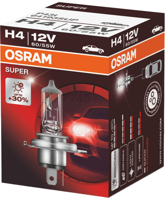 Лампа галогенная автомобильная OSRAM Super H4 (64193SUP) - Фото 2