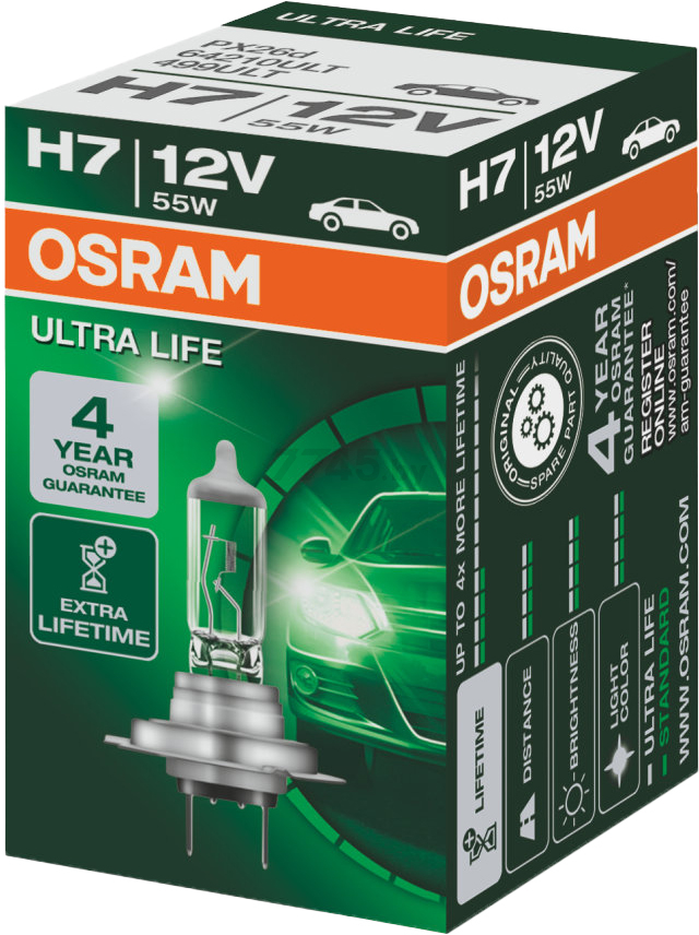 Лампа галогенная автомобильная OSRAM Ultra Life H7 (64210ULT) - Фото 2