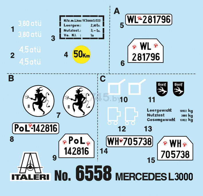 Сборная модель ITALERI Автомобиль Mercedes-Benz L3000 1:35 (6558) - Фото 3