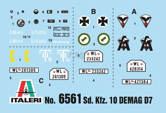 Сборная модель ITALERI Полугусеничный тягач Sd Kfz10 Demag D7 с фигурками десантников 1:35 (6561) - Фото 3