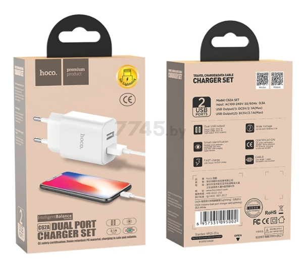 Сетевое зарядное устройство HOCO C62A Victoria Dual Port Charger USB 2.1A с кабелем Lightning (EU) белый - Фото 7