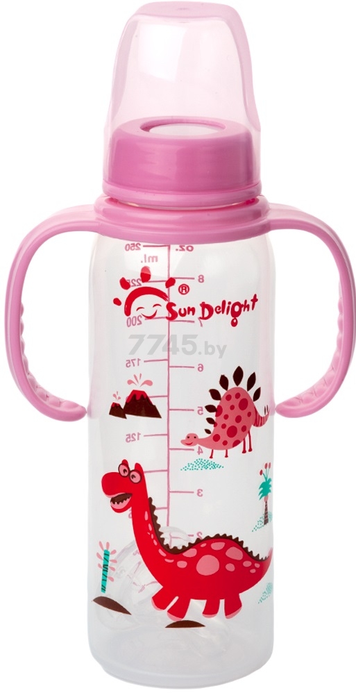 Бутылочка для кормления SUN DELIGHT со съемными ручками 250 мл розовый динозавр (80В/2Н)