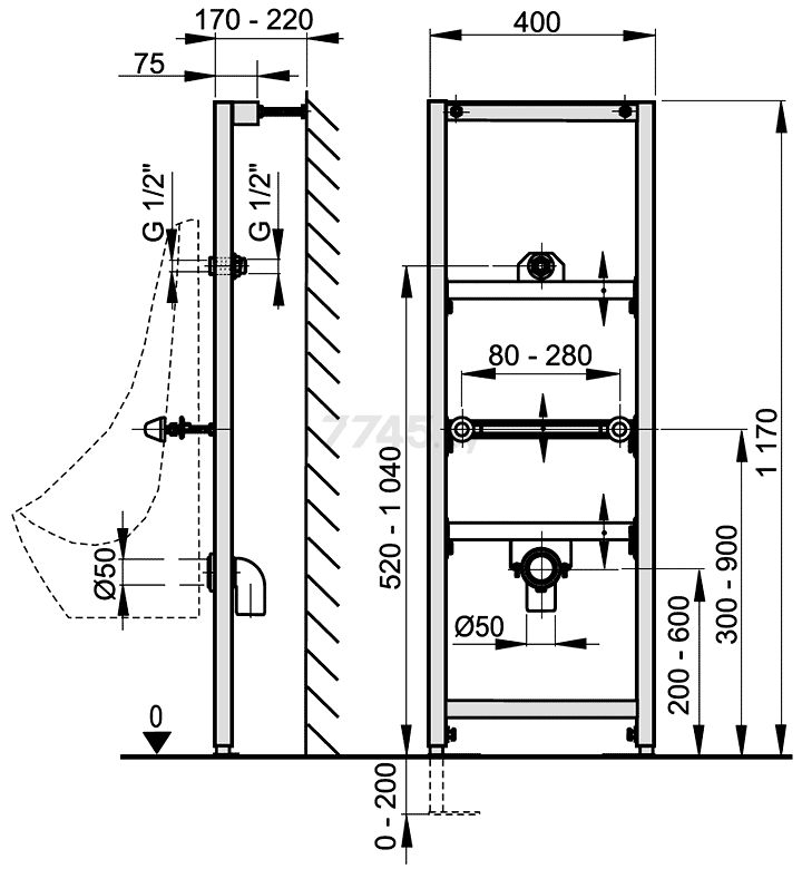 Рама ALCAPLAST для писсуара умывальника высота монтажа 1,2 м (A107/1200) - Фото 2