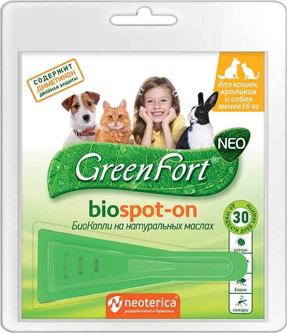 Биокапли от блох и клещей для кошек и собак до 10 кг GREEN FORT Neo G201 1 мл (4607092074559)