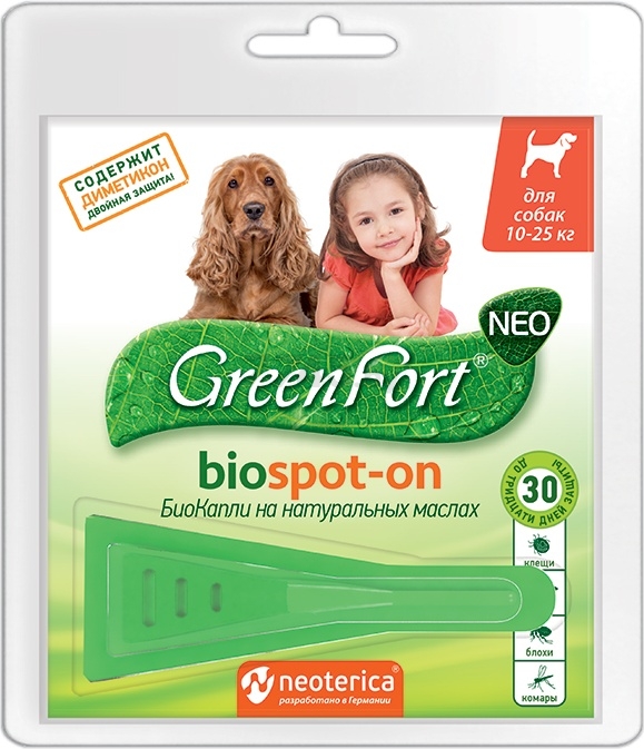 Биокапли от блох и клещей для собак весом 10-25 кг GREEN FORT Neo G202 1,5 мл (4607092074566)