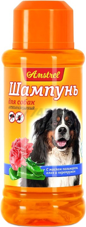 Шампунь от блох и клещей для собак AMSTREL Антипаразитарный с маслом пальмарозы и алоэ 320 мл (001551)