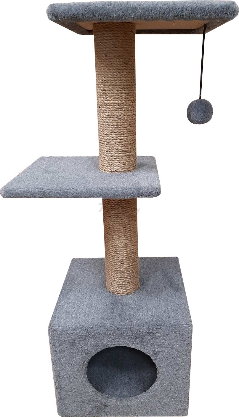 Игровой комплекс для кошек CAT-HOUSE Домик с двумя полками джут 35×35×100 см серый (4810801202567) - Фото 2