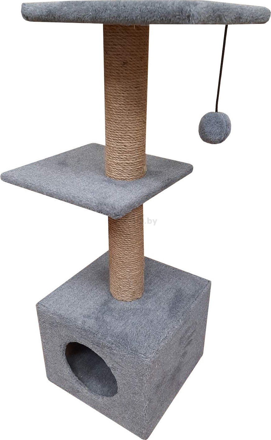 Игровой комплекс для кошек CAT-HOUSE Домик с двумя полками джут 35×35×100 см серый (4810801202567)