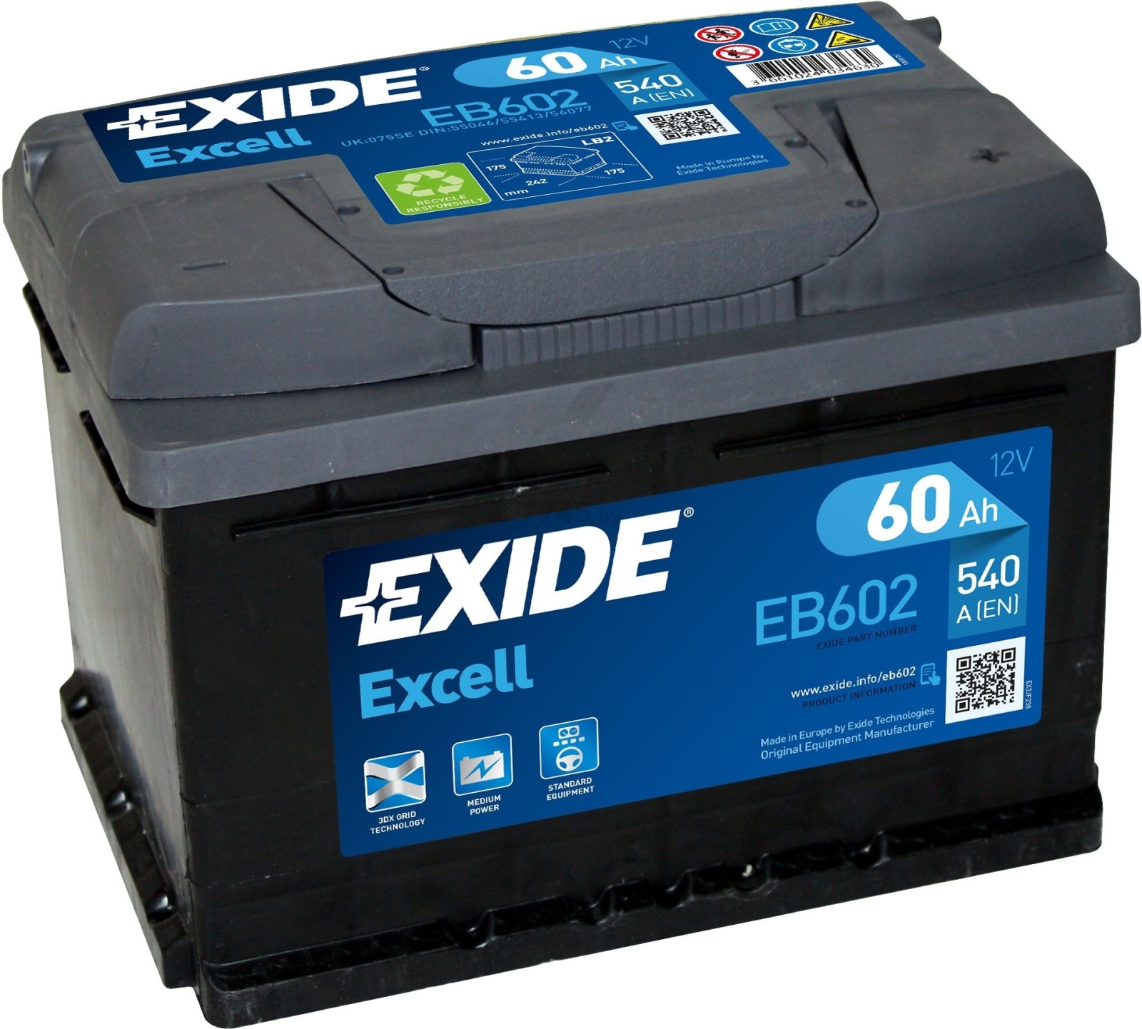Аккумулятор автомобильный EXIDE Excell 60 А ч (EB602)