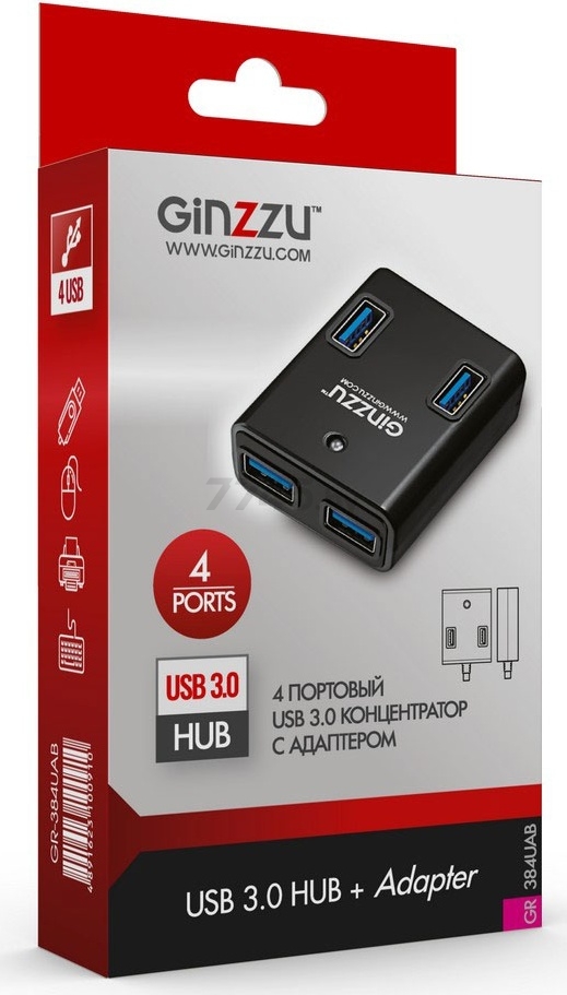 USB-хаб GINZZU GR-384UAB - Фото 2